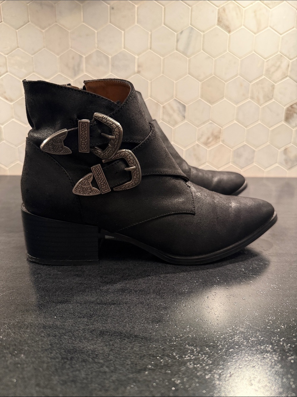 Cupid Black Ankle Booties with Ornate Silver Buckles